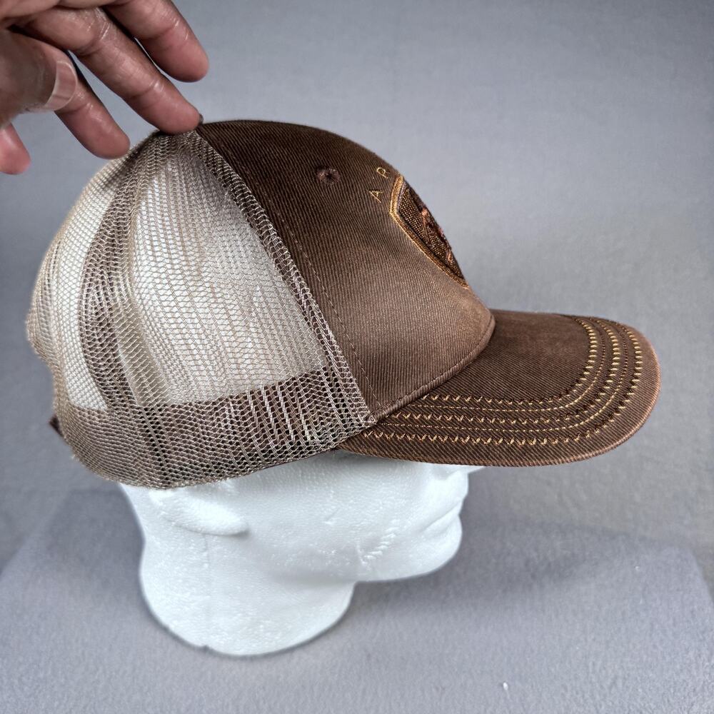 Ariat Hat Cap Strap Back Mens One Size Brown Tan Mesh Trucker Embroidered Shield - Picture 4 of 11